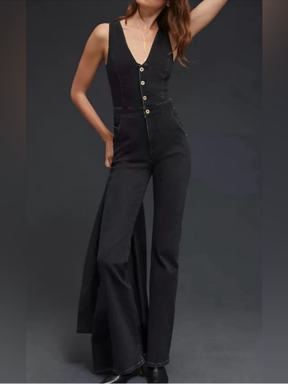 Anthropologie Pilcro v neck sleeveless black denim jean flared leg jumpsuit 6